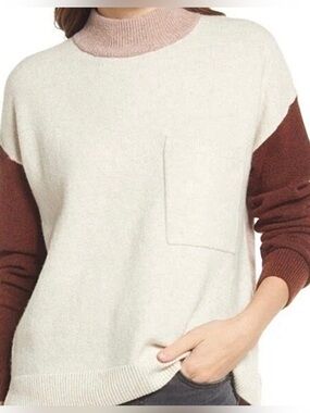 Madewell Two-Tone Cream Body with Brown Sleeves Turtleneck Sweater